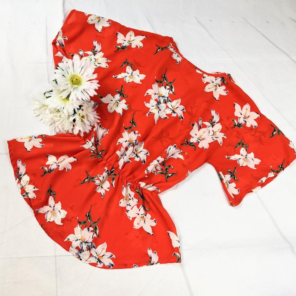 Sienna Sky Orange Floral Print V-Neck Button Top - Picture 7 of 8